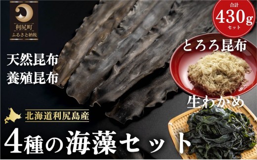 利尻島産 4種の海藻セット（天然利尻昆布100g・養殖利尻昆布150g・とろろ昆布30g・塩蔵生わかめ150g） | 国産 北海道産 コンブ だし 海藻 だし昆布 こんぶ水 出汁  お鍋 煮物 和食 煮物 乾物 こんぶ 海産物 北海道 特産品