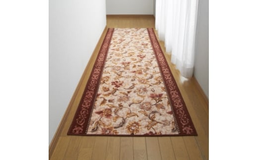 日本製 廊下カーペット 80cm×440cm ＜オリエンタル更紗＞ 滑り止め加工 (エンジ)【1663975】