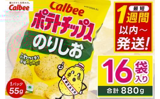 ポテトチップス カルビー 「のりしお」16袋（55g×16袋）1ケース 総計880g【ポテチ Calbee のり しお セット 菓子 ポテト チップス スナック おやつ じゃがいも ジャガイモ お取り寄せ まとめ買い 詰め合わせ 詰合せ 人気 送料無料】(BG028)