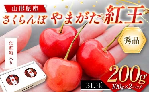 さくらんぼ やまがた紅王 200g(100g×2パック) 3L玉 大粒 秀品 山形県産 化粧箱入り 【令和8年度 先行予約】 FSY-2266