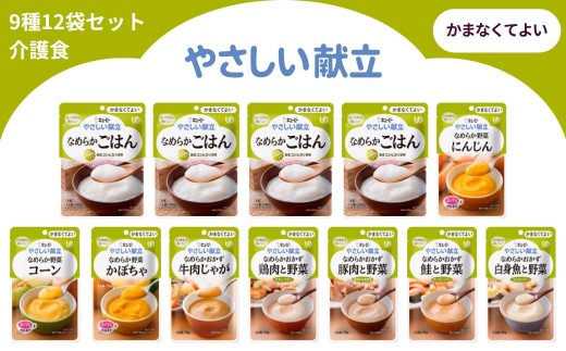 キユーピー やさしい献立 かまなくてよい 9種 12袋セット【介護食 災害食 防災食 おかず 主食 なめらか野菜 にんじん コーン かぼちゃ なめらかごはん なめらかおかず 豚肉と野菜 鮭と野菜 白身魚と野菜 牛肉じゃが 鶏肉と野菜 キューピー】