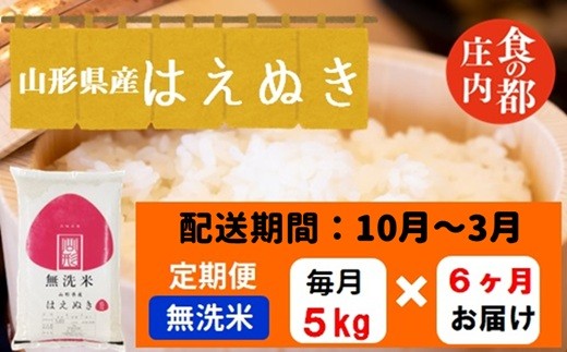 【10月～3月発送】無洗米山形県産はえぬき5kg×6回【定期便6回】 1984766 - 山形県三川町