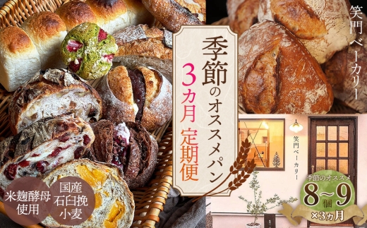 【3ヵ月定期便】季節のオススメパンセット 8～9個入り ／ パン 食パン カンパーニュ ハード系 ハードパン 焼き菓子 国産小麦 米麹酵母 詰合せ セット 人気 朝食 昼食 朝ごはん 昼ごはん ランチ おやつ おすすめ オススメ 定期便 ていきびん テイキビン 笑門ベーカリー 愛知県 No.269  2295954 - 愛知県江南市