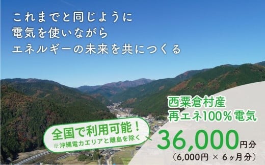 電気料金 （6,000円✕6ヶ月分） 百森でんき CO2フリー 地域電力 お礼の電力 電気代 脱炭素 ゼロカーボン 岡山県 西粟倉村 【まずは寄付のお申し込みを！】 e-vv-A04D 999969 - 岡山県西粟倉村