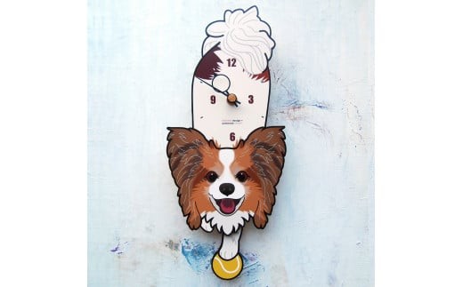 D-64-2W6 パピヨン茶白-03-犬の振り子時計毛糸玉06.BLUE C-CD-642A