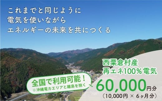 電気料金 （10,000円✕6ヶ月分） 百森でんき CO2フリー 地域電力 お礼の電力 電気代 脱炭素 ゼロカーボン 岡山県 西粟倉村 【まずは寄付のお申し込みを！】e-vv-A06D 999971 - 岡山県西粟倉村