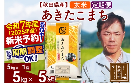 ※令和7年産 新米予約※《定期便5ヶ月》秋田県産 あきたこまち 5kg【玄米】(5kg小分け袋) 2025年産 お届け時期選べる お届け周期調整可能 隔月に調整OK お米 みそらファーム