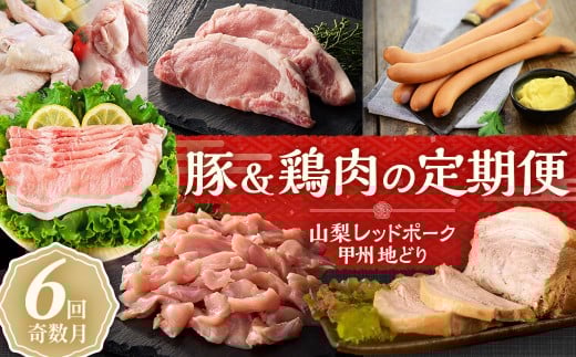 [お肉の定期便 6回]山梨レッドポーク・甲州地どり 豚&鶏肉の定期便 全6回 手羽元 手羽先 地鶏 豚ロース 焼き豚 ソーセージ ウィンナー 生姜焼き用 こま切れ 山梨県 甲斐市
