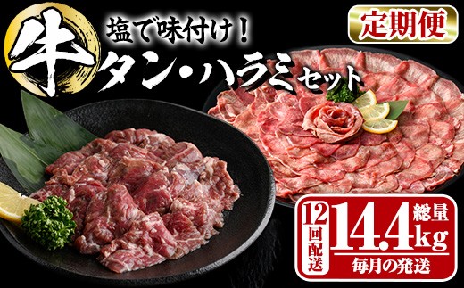 ＜定期便・全12回 (毎月の発送)＞ たっぷり！ 薄切り 塩 牛タン・牛ハラミ セット (総量14.4kg) 小分け 牛肉 肉 タン たん ハラミ はらみ 詰め合わせ 味付け 焼肉 BBQ 冷凍 大分県 佐伯市【DH332】【ネクサ】 2296622 - 大分県佐伯市