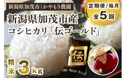 【令和7年産新米】【定期便5回毎月お届け】新潟産コシヒカリ「伝ゴールド」白米真空パック 精米3kg（1.5kg×2） 《9月下旬から順次出荷》 南麻布の高級料亭で提供される極上米 かやもり農園 2296748 - 新潟県加茂市