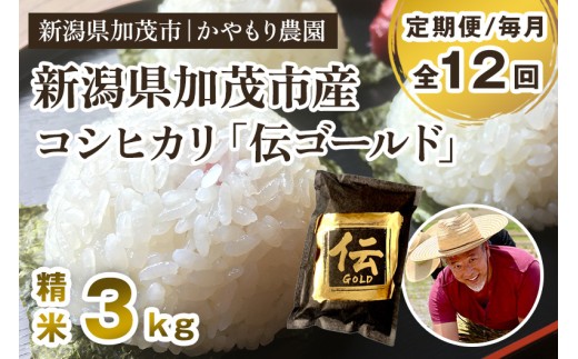 【令和7年産新米】【定期便12回毎月お届け】新潟産コシヒカリ「伝ゴールド」白米真空パック 精米3kg（1.5kg×2） 《9月下旬から順次出荷》 南麻布の高級料亭で提供される極上米 かやもり農園 2296750 - 新潟県加茂市