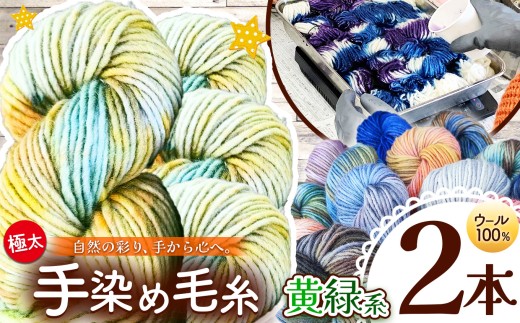 ウール100％ 手染め毛糸（極太） 2本 黄緑系 ｜  毛糸 ウール ウール100％ 手染め 裁縫 手芸 長野県 松川村 信州 2016206 - 長野県松川村