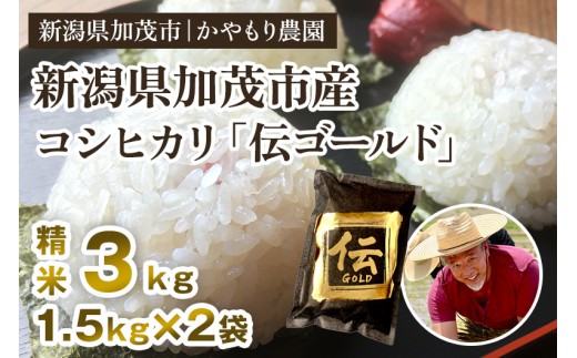 【令和7年産新米】新潟産コシヒカリ「伝ゴールド」白米真空パック 精米3kg（1.5kg×2） 《9月下旬から順次出荷》 南麻布の高級料亭で提供される極上米 かやもり農園 2296746 - 新潟県加茂市