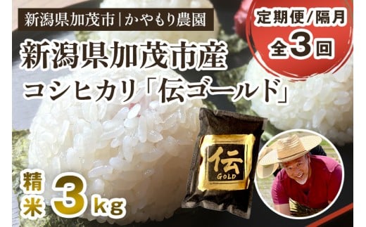 【令和7年産新米】【定期便3回隔月お届け】新潟産コシヒカリ「伝ゴールド」白米真空パック 精米3kg（1.5kg×2） 《9月下旬から順次出荷》 南麻布の高級料亭で提供される極上米 かやもり農園 2296758 - 新潟県加茂市