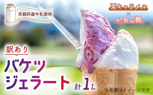 【訳あり】　特製バケツジェラート 1L 【栗キャラメル×いちご桃】 2種類の味 ( ジェラート アイスクリーム アイス バケツアイス 業務用アイス 業務用ジェラート 業務用 バルク 大容量 栗 くり キャラメル 苺 いちご 桃 もも 訳あり 野菜 果物 フルーツ デザート スイーツ 家庭用 冷凍 おすすめ きよしファーム 南丹市 南丹 京都府 京都 ) 2301278 - 京都府京都府庁
