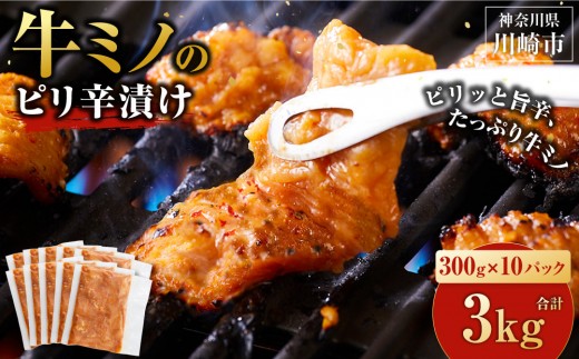 牛ミノ ピリ辛漬け 3kg ( 300g × 10パック ) 小分け 個包装 便利 牛肉 ホルモン ミノ 焼肉 焼き肉 お肉 肉 焼くだけ 冷凍 たれ 味付き BBQ アウトドア キャンプ 人気 おすすめ 神奈川 川崎【2026年5月発送】 2300840 - 神奈川県川崎市
