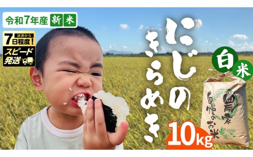 ＜ 新米 ＞ 令和7年産 茨城県産 白米 にじのきらめき 10kg 【スピード発送対応！】 国産 茨城産 茨城県産米 つくばみらい市 精米 お米 こめ おこめ ごはん ご飯 白飯 ゴハン 生活応援 ふるさと おすすめ  ツヤツヤ もっちり ふっくら 甘み 柔らかい 大粒 粘り 美味しい おいしい おむすび お弁当 和食 お取り寄せ 防災 備蓄