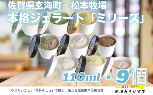 [セット]本格ジェラート「ミリーズ」110ml×9(ミルク・バニラ・チョコ・いちごミルク・抹茶・黒ごまきなこ・ヨーグルト・焼いも・みかん)