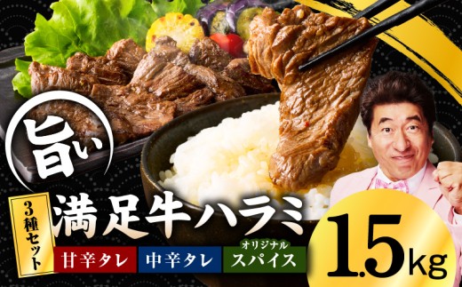 [満足牛ハラミ]3種セット (甘辛タレ漬け・中辛タレ漬け・オリジナルスパイス仕込み) 合計1.5kg [味付け ハラミ 小分け 焼くだけ 簡単調理 BBQ 牛肉 250g×6P]