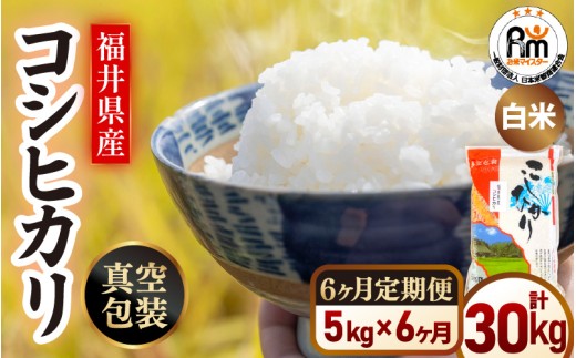 【新米】＜真空包装＞ 定期便6ケ月  5kg×6回 令和7年産 米 コシヒカリ 精米  福井県産米 【白米 5キロ 30キロ こしひかり 真空パック お米 人気品種 産地直送 新生活 kome】 [e66-j001]