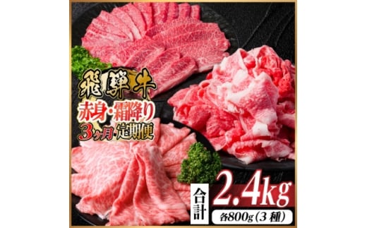 ＜毎月定期便＞飛騨牛 赤身・霜降り定期便 計2.4kg　焼肉 BBQ すき焼き しゃぶしゃぶ全3回【4074146】