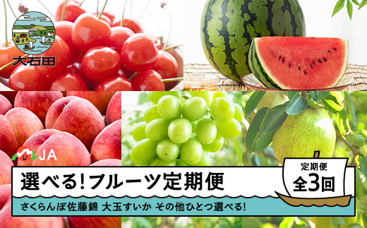 【先行予約】選べるフルーツ定期便 全3回 さくらんぼ 佐藤錦 大玉すいか シャインマスカット 2026年産 令和8年産  ja-ft3cx-b-bu 2301554 - 山形県大石田町