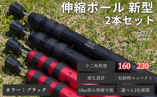 FUTURE FOX 伸縮ポール 新型 十二角形型 2本セット 160~220cm ブラック［FF27-01］ // キャンプ アウトドア タープ用 テント用 ポール 調節可能 収納袋付き フューチャーフォックス 2323965 - 長野県松川町