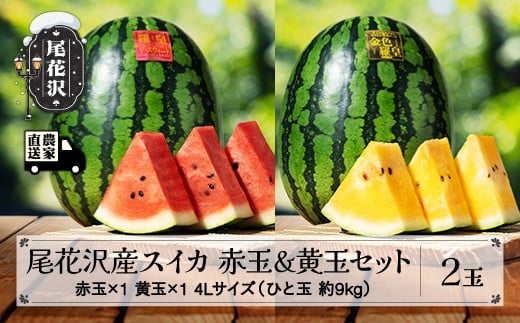 先行予約 尾花沢産スイカ 赤玉×黄玉 各1玉セット 金色羅皇 こんじきらおう 羅皇ザ・スイート 4Lサイズ 約9kg×計2玉 7月下旬〜8月中旬頃発送 令和8年産 2026年産 尾花沢産 スイカ すいか 西瓜 果物 くだもの フルーツ 観光物産 kb-suks42