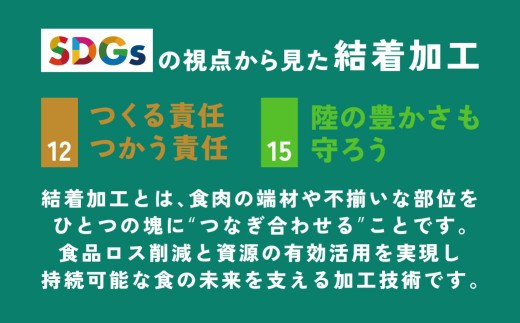 結着加工とは、食肉の端材や不揃いな部分をひとつの塊に"つなぎ合わせる"ことです。