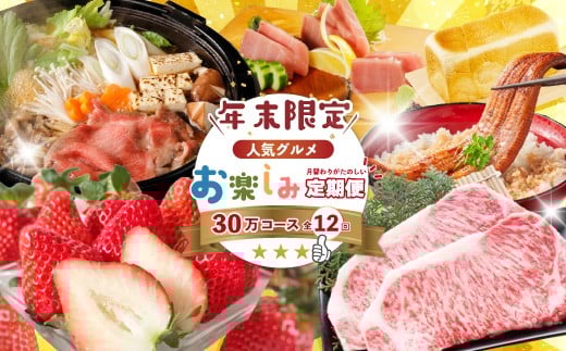 【年末限定】 12回 定期便 四万十 人気 グルメ お楽しみ定期便 しまんと ふるさと 30万円 今だけ 年末 限定 肉 いちご うなぎ 牛肉 パン まぐろ マグロ かつお 人気グルメ ごちそう 贅沢 豪華 高知 四万十市 R7-618