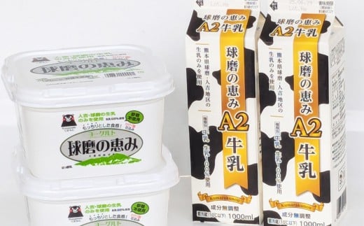 球磨の恵み 「A2牛乳とヨーグルト（無糖）」のセット 牛乳1000ml×2パック ヨーグルト1kg×2パック ／ 生乳 牛乳 ミルク ヨーグルト 乳製品 飲料 飲み物 飲みもの のみもの ドリンク おやつ デザート 国産 2285718 - 熊本県人吉市