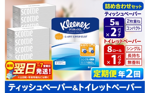 最短翌日発送《6ヶ月ごとに2回お届け》定期便 トイレットペーパー クリネックス シングル 長持ち 8ロール×1P ＆ ティッシュペーパー スコッティ10箱(5箱×2P) 秋田市オリジナル 1350229 - 秋田県秋田市