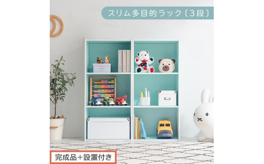 【完成品＋設置付き】スリム多目的ラック〔3段〕（ブルー）カラーボックス 3段 収納 スリム 本棚 おしゃれ 大容量 ラック マルチラック 書棚 木製スリム収納 a4 ロータイプ 薄型 横置き 漫画 文庫本 AKONBR920068-0-BL 2316359 - 和歌山県海南市