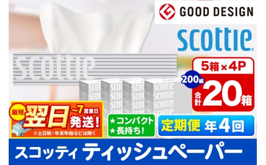 《3ヶ月ごとに4回お届け》定期便 ティッシュペーパー スコッティ 200組 20箱(5箱×4パック) ティッシュ 秋田市オリジナル 最短翌日発送 1350158 - 秋田県秋田市