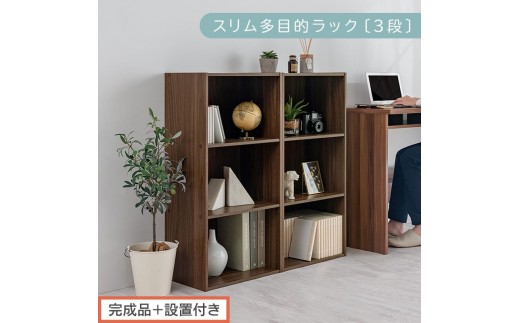 【完成品＋設置付き】スリム多目的ラック〔3段〕（ウォールナット）カラーボックス 3段 収納 スリム 本棚 おしゃれ 大容量 ラック マルチラック 書棚 木製スリム収納 a4 ロータイプ 薄型 横置き 漫画 文庫本 AKONBR920068-0-WAL 2316362 - 和歌山県海南市