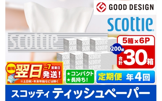 《3ヶ月ごとに4回お届け》定期便 ティッシュペーパー スコッティ 200組 30箱(5箱×6パック) ティッシュ 秋田市オリジナル 最短翌日発送 1350161 - 秋田県秋田市
