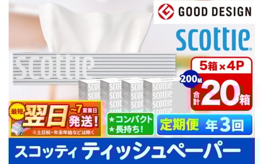 《4ヶ月ごとに3回お届け》定期便 ティッシュペーパー スコッティ 200組 20箱(5箱×4パック) ティッシュ 秋田市オリジナル 最短翌日発送 1350157 - 秋田県秋田市