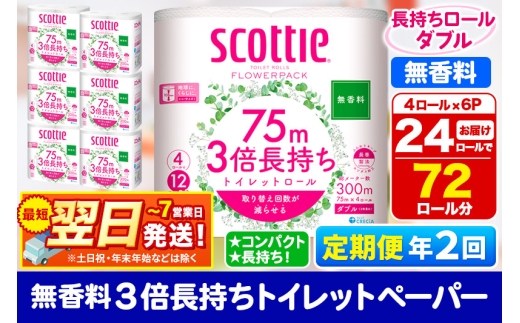 《6ヶ月ごとに2回お届け》定期便 トイレットペーパー スコッティ フラワーパック 3倍長持ち〈無香料〉4ロール(ダブル)×6パック 秋田市オリジナル 最短翌日発送 1350206 - 秋田県秋田市
