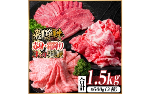 ＜毎月定期便＞飛騨牛 赤身・霜降り定期便 計1.5kg　焼肉 BBQ すき焼き しゃぶしゃぶ全3回【4074983】