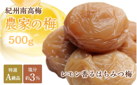 【プレミア和歌山認定品】 紀州南高梅「農家の梅」はちみつ梅(塩分約3%)500g ※レモンパウダー入り / 梅干し 梅 梅干 うめ 紀州南高梅 和歌山 田辺市 肉厚 お米 おにぎり 焼酎 梅酒 健康 はちみつ梅 塩分約3% 塩分控えめ レモン【nkn800-3】 924613 - 和歌山県田辺市
