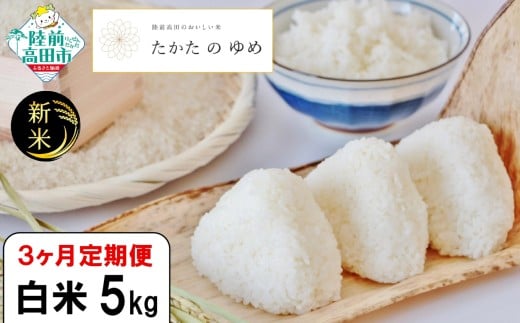 【白米 3ヶ月定期便】 令和7年産 新米 5kg×3ヶ月お届け 品種：たかたのゆめ 【 米 お米 ライス 陸前高田市 オリジナル ブランド米 冷めてもおいしい お弁当 おにぎり ギフト 】 RT3061