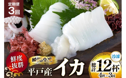 海鮮 魚介 イカ 4杯 1パック（冷凍） 3回 定期便 [舘浦漁業 長崎県 平戸市 hr42bgy420358] おつまみ 新鮮 刺身 瞬間冷凍 冷凍 コリコリ 直送 冷凍 個包装 真空パック 2328162 - 長崎県平戸市