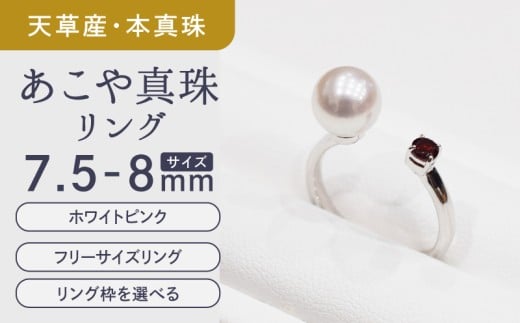 S085-460_あこや真珠 リング 7.5mm - 8mm ホワイトピンク ガーネット 真珠 (G：14号)