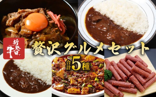 新発田牛 贅沢グルメセット 5種 牛すじカレー 贅カレー 牛丼の具 麻婆豆腐の素 サラミ 詰め合わせ ブランド牛 牛肉 贈答 プレゼント ギフト レトルト カレー 牛丼 サクラフーズ 新潟 新発田 sakurafoods001