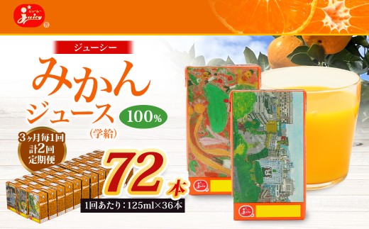 【3ヶ月毎2回定期便】 ジューシー みかんジュース 100% (学給) 125ml×36本 みかん ミカン 蜜柑 ジュース オレンジジュース 飲料 紙パック 国産 熊本県