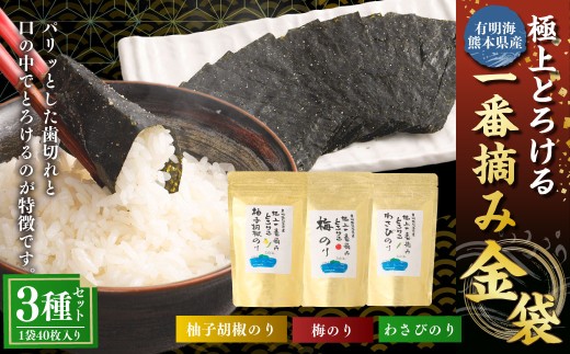 有明海熊本産極上とろける一番摘み（柚子胡椒のり・梅のり・わさびのり）金袋
