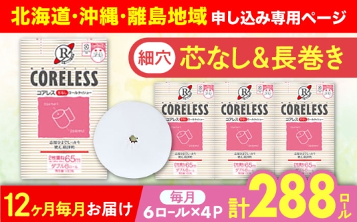 【北海道・沖縄・離島用】【全12回定期便】【細穴タイプ】　トイレットペーパー ダブル 24ロール 長巻き 65m (6ロール×4パック) 宅配 コアレス 《豊前市》【大分製紙】 [VAA142] 2201894 - 福岡県豊前市