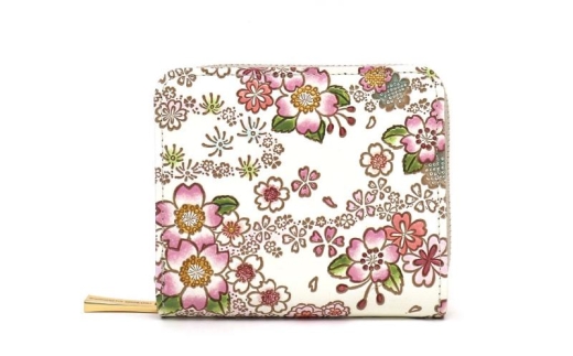 【文庫屋大関】二つ折りファスナーミニ財布 かすみ桜【皮革工芸品】財布 二つ折り 小物 お札 カード 小銭 コンパクト 牛革 手作り 日本製 墨田区 東京都 [№5619-2024]