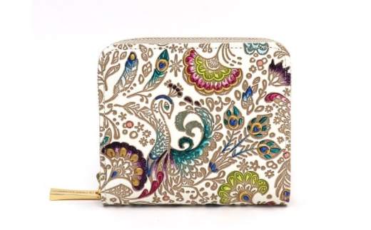 【文庫屋大関】二つ折りファスナーミニ財布 孔雀【皮革工芸品】財布 二つ折り 小物 お札 カード 小銭 コンパクト 牛革 手作り 日本製 墨田区 東京都 [№5619-2059]