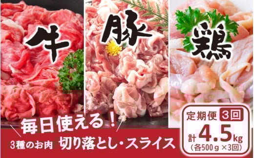 [定期便/3ヶ月連続]毎日の献立に!おおいたの牛・豚・鶏をセットでお届け(計4.5kg) 切り落とし 切落し スライス_2574R-1